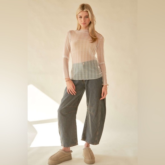 🟠 178B. Mesh Dotted Lace Stretch Sheer Top - White - Picture 7 of 9